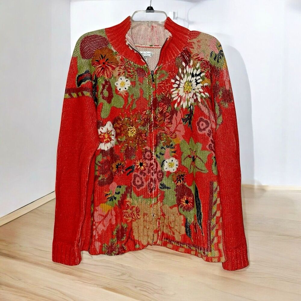 Coldwater Creek Red Floral Cardigan